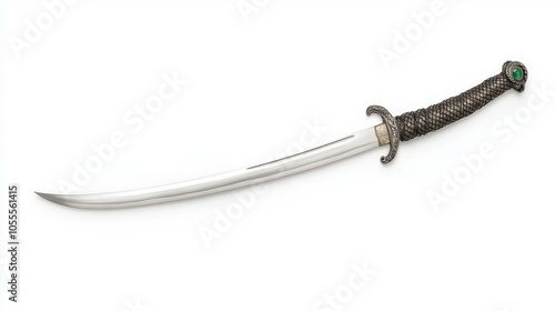 A beautifully crafted sword with a curved blade and intricate handle, ideal for historical themes and decorative displays.