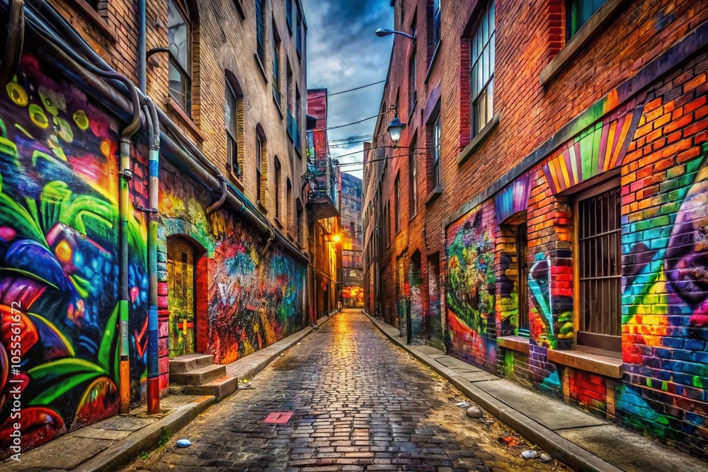 Naklejka premium Urban Alley Graffiti Art - Vibrant Street Art in a Panoramic Cityscape