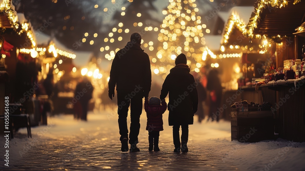 A festive family stroll at a winter market under twinkling lights. A festive family stroll at a winter market under twinkling lights.