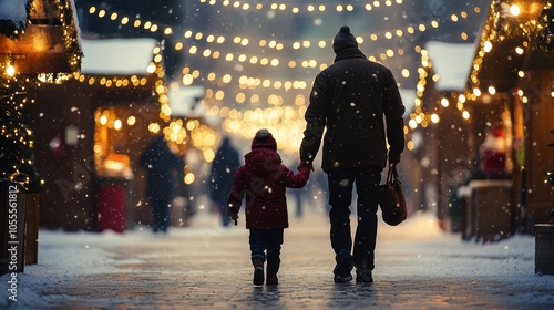 A father and child enjoying a snowy evening at a festive market, surrounded by twinkling lights.