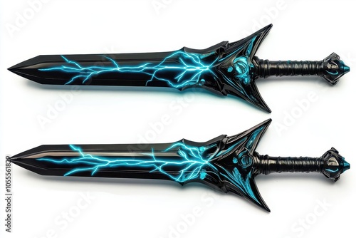 A pair of stunning black swords featuring electric blue lightning designs, perfect for fantasy or gaming-themed visuals.