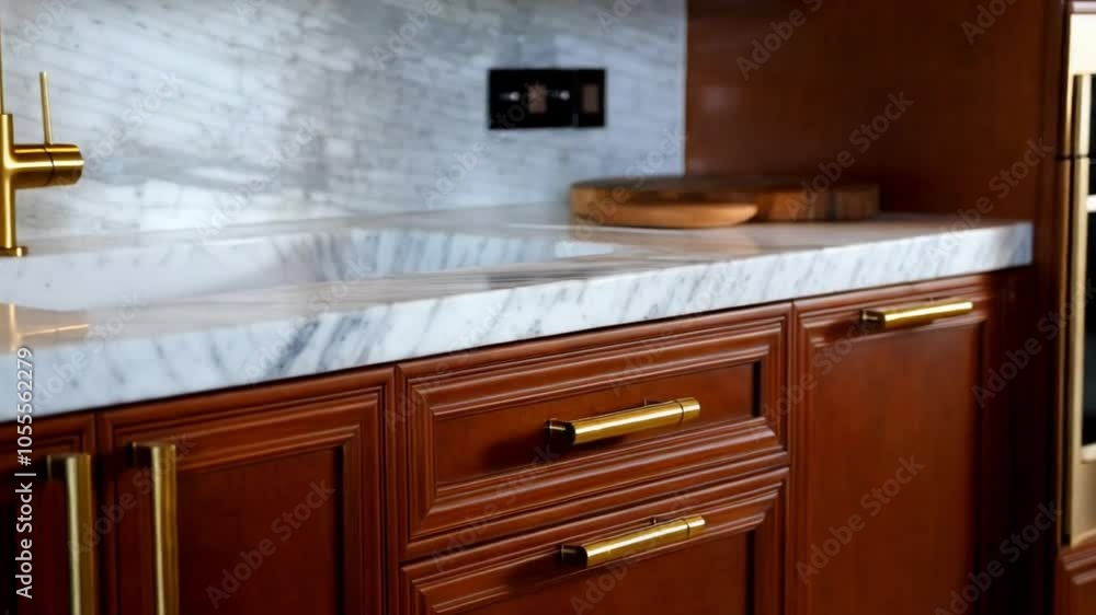A modern kitchen with rich brown cabinets, marble countertops, and gold handles for a warm, luxurious aesthetic. A modern kitchen with rich brown cabinets, marble countertops, and gold handles for a warm, luxurious aesthetic.
