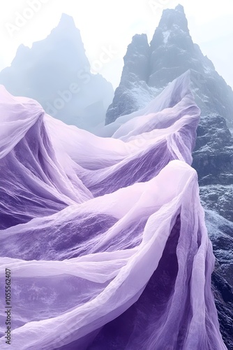 Wallpaper Mural An ethereal landscape featuring soft, flowing purple fabric cascading over rugged mountain peaks, creating a surreal harmony between nature and texture. Torontodigital.ca