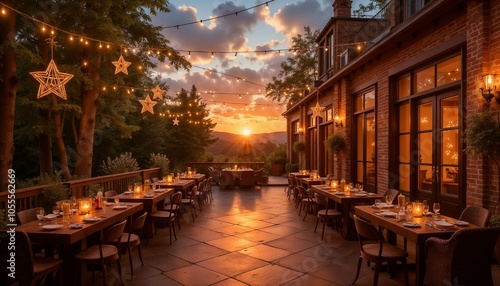 Charming outdoor dining area illuminated by string lights at sunset with stunning mountain view