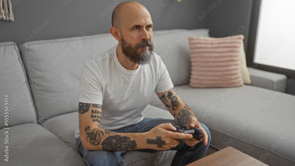 Tattooed man playing video game in living room showing serious expression on couch, bald bearded guy focused indoors with controller and cozy home interior Tattooed man playing video game in living room showing serious expression on couch, bald bearded guy focused indoors with controller and cozy home interior
