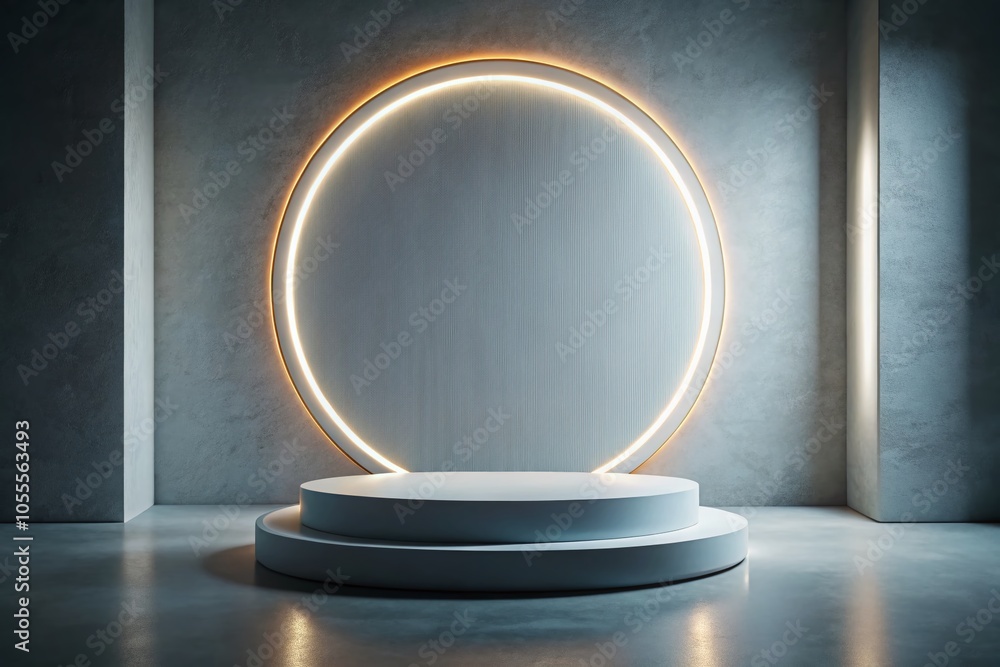 Urban Exploration Photography: Illuminated Oval Frame with White Circular Platform on Grey Background Urban Exploration Photography: Illuminated Oval Frame with White Circular Platform on Grey Background