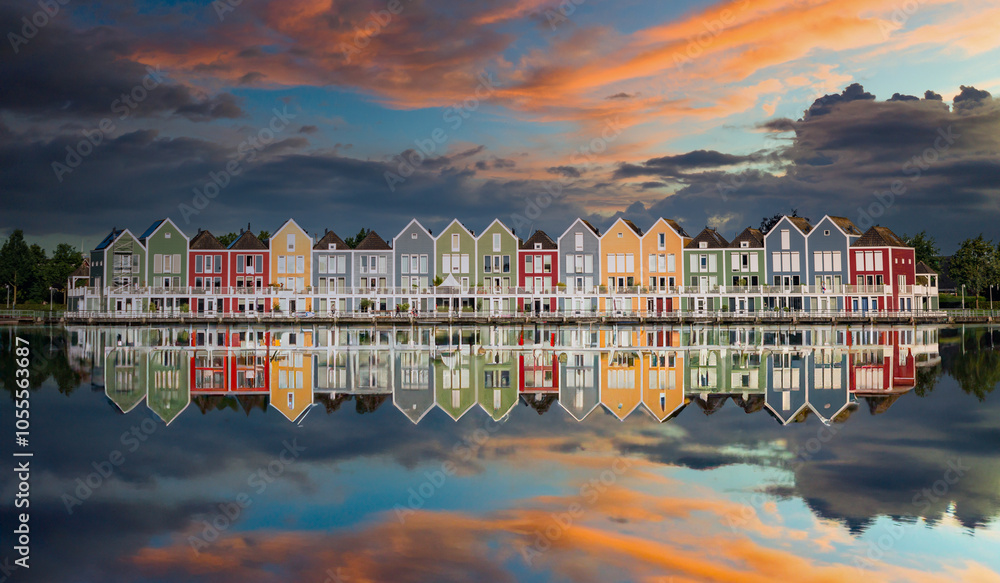 Reflection with houses on the lake in Houten Netherlands