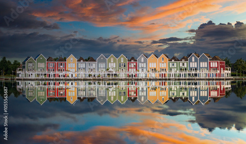 Obraz na płótnie Reflection with houses on the lake in Houten Netherlands w salonie