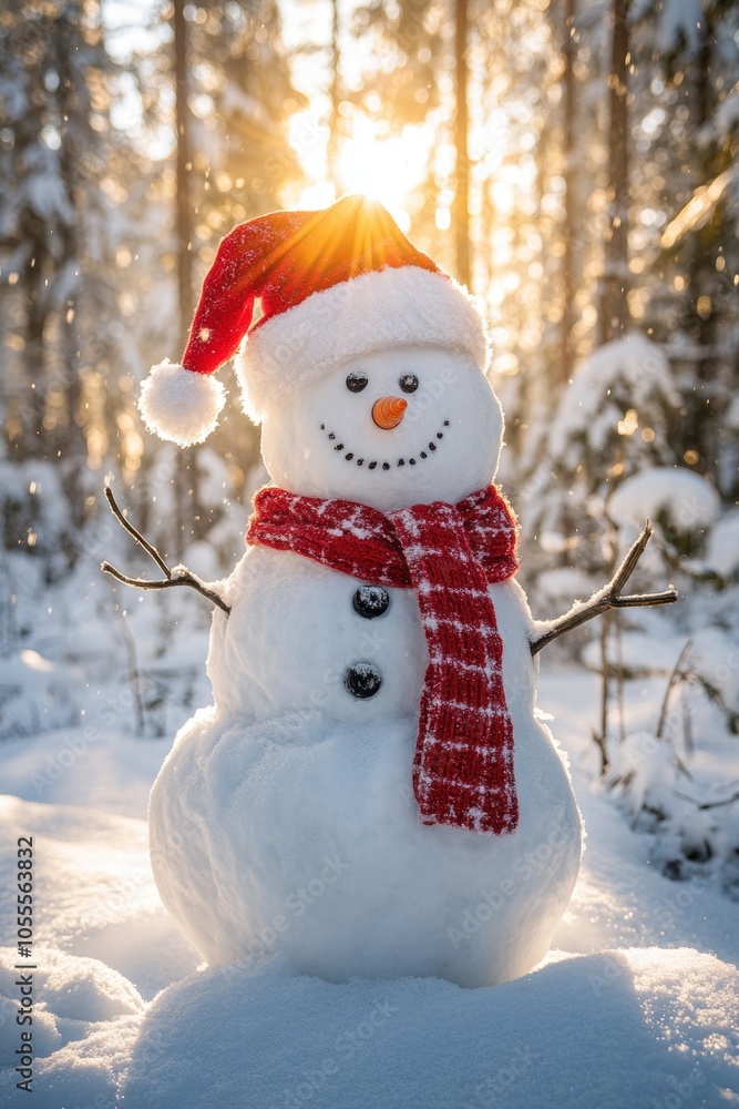 Cute snowman in heavy snow covered wild field at sunrise Cute snowman in heavy snow covered wild field at sunrise
