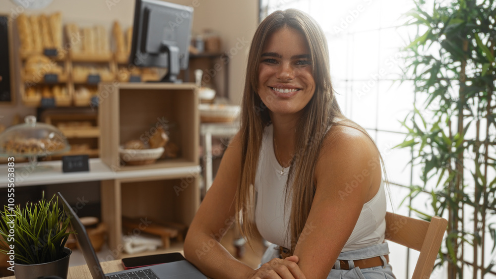 Young woman smiling in a bakery surrounded by bread and plants showcasing a bright and inviting indoor setting. Young woman smiling in a bakery surrounded by bread and plants showcasing a bright and inviting indoor setting.