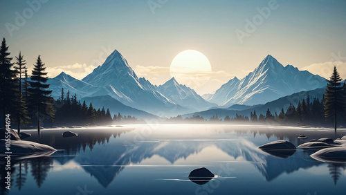 "A serene mountain landscape at sunrise showcases snow-capped peaks against a clear blue sky, reflecting in a tranquil lake. Dark evergreens frame the scene, creating depth and inviting peaceful .