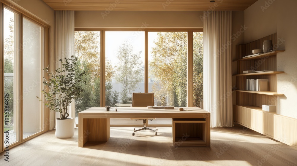 A minimalist home office with light wood tones, large windows that let in natural light, and soft textures A minimalist home office with light wood tones, large windows that let in natural light, and soft textures