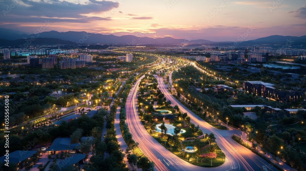 Fototapeta premium Aerial View of City Highway at Sunset