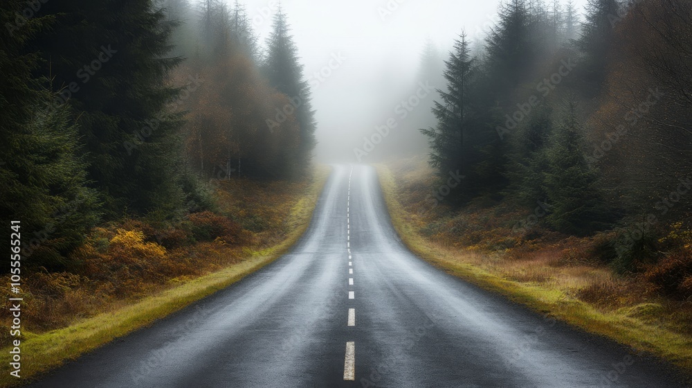 Fototapeta premium A serene, misty road winds through a dense forest, framed by tall trees and autumn foliage, creating a tranquil and atmospheric scene.