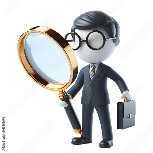 3d businessman holding magnifying glass isolated on white background