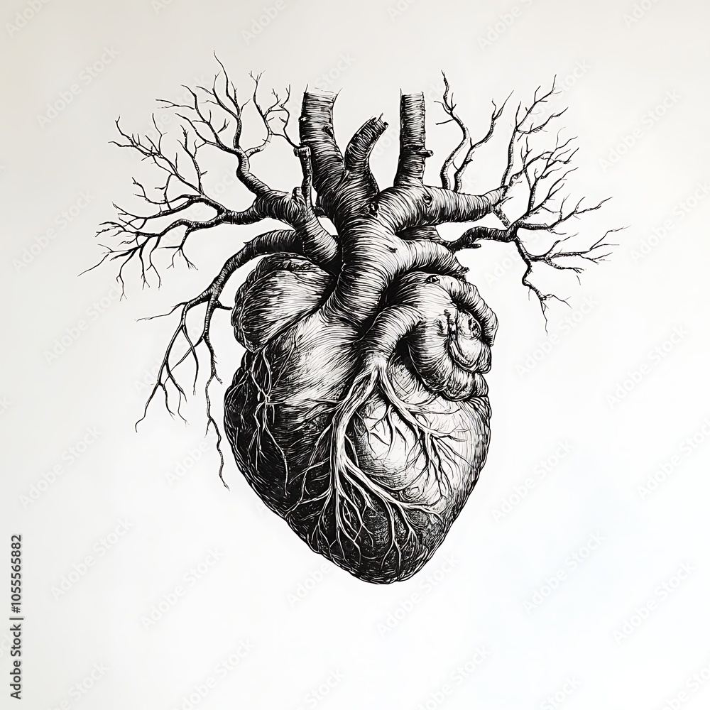 A detailed illustration of a human heart with its arteries and veins on ...