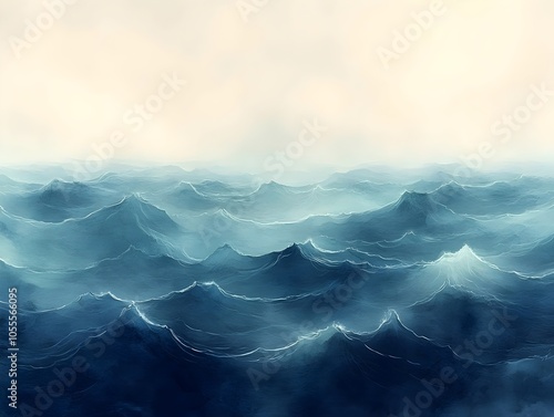 A serene depiction of ocean waves, showcasing various shades of blue and teal. The soft, blurred background adds a tranquil ambiance to the scene, evoking a sense of calm.