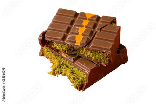Photography Dubai Chocolate bar with green kadayif and peanut butter on white background