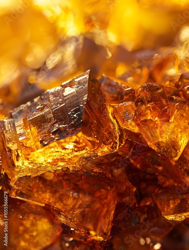 Close-up of an amber crystal with golden hues and intricate patterns, glowing brightly and creating a captivating visual effect.