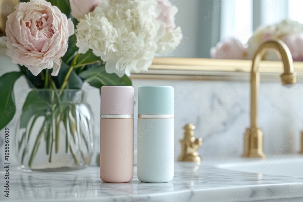 Elegant Bathroom Scene with Floral Arrangement and Cosmetic Bottles Elegant Bathroom Scene with Floral Arrangement and Cosmetic Bottles