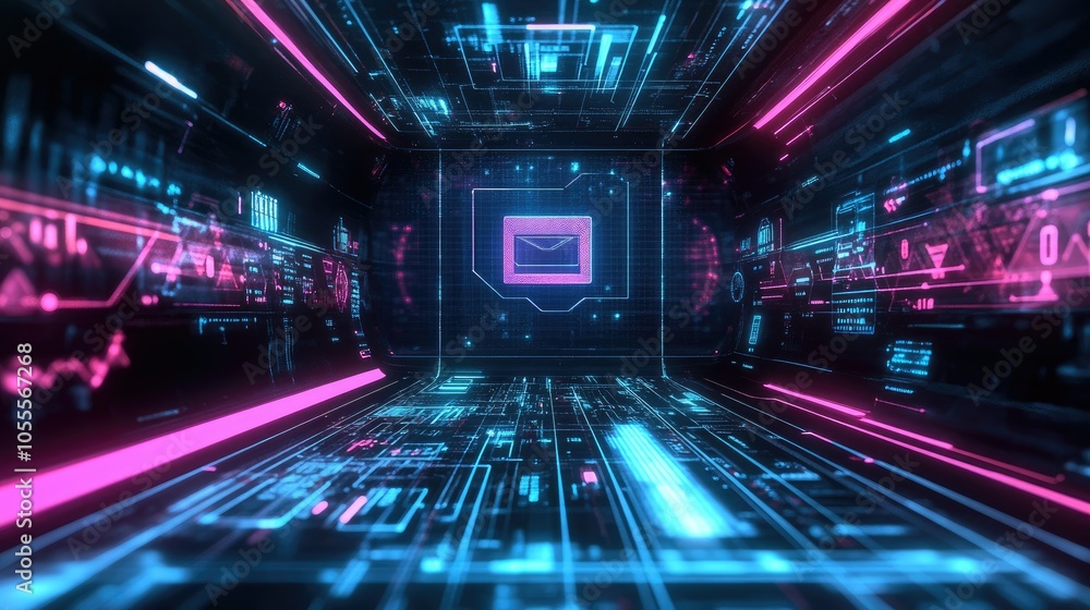 Conceptual image of a computer screen with webinar and online course icons, digital classroom technology, futuristic look Conceptual image of a computer screen with webinar and online course icons, digital classroom technology, futuristic look