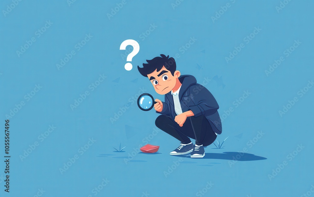 A high-resolution flat vector illustration of a cartoon businessman crouching on the ground, holding a magnifying glass with a question mark floating above his head. A high-resolution flat vector illustration of a cartoon businessman crouching on the ground, holding a magnifying glass with a question mark floating above his head.
