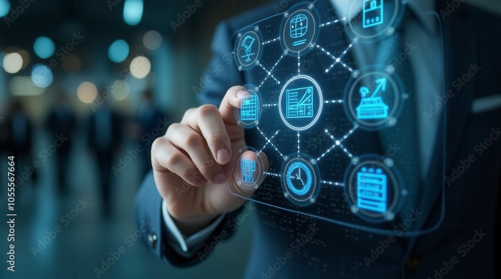 Project Management Concept, Planning The Successful And Efficient Implementation Of The Project In The Specified Time Period. Businessman Touching Project Management Icon On Virtual Screen Project Management Concept, Planning The Successful And Efficient Implementation Of The Project In The Specified Time Period. Businessman Touching Project Management Icon On Virtual Screen