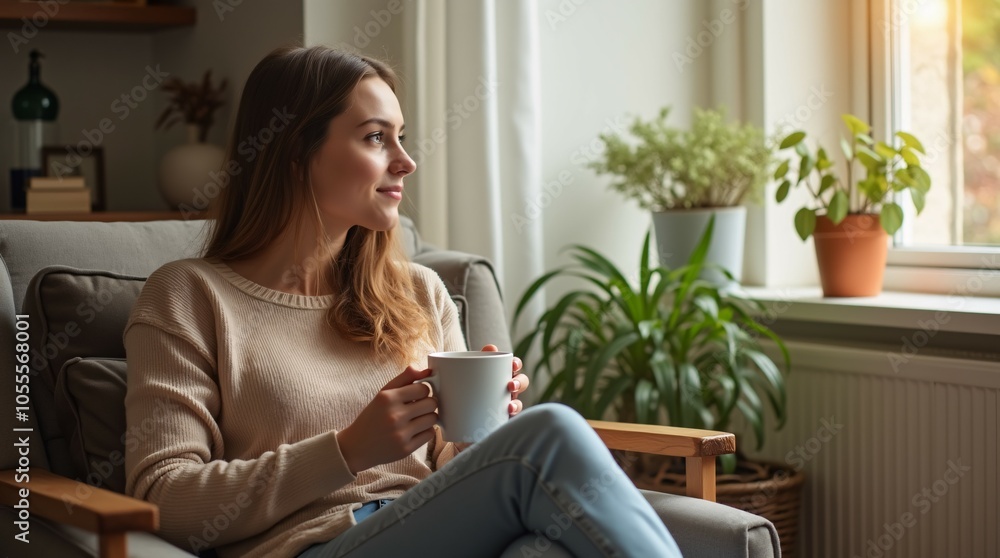 Woman lounging on a sofa, savoring a warm cup of coffee in hand. Woman lounging on a sofa, savoring a warm cup of coffee in hand.