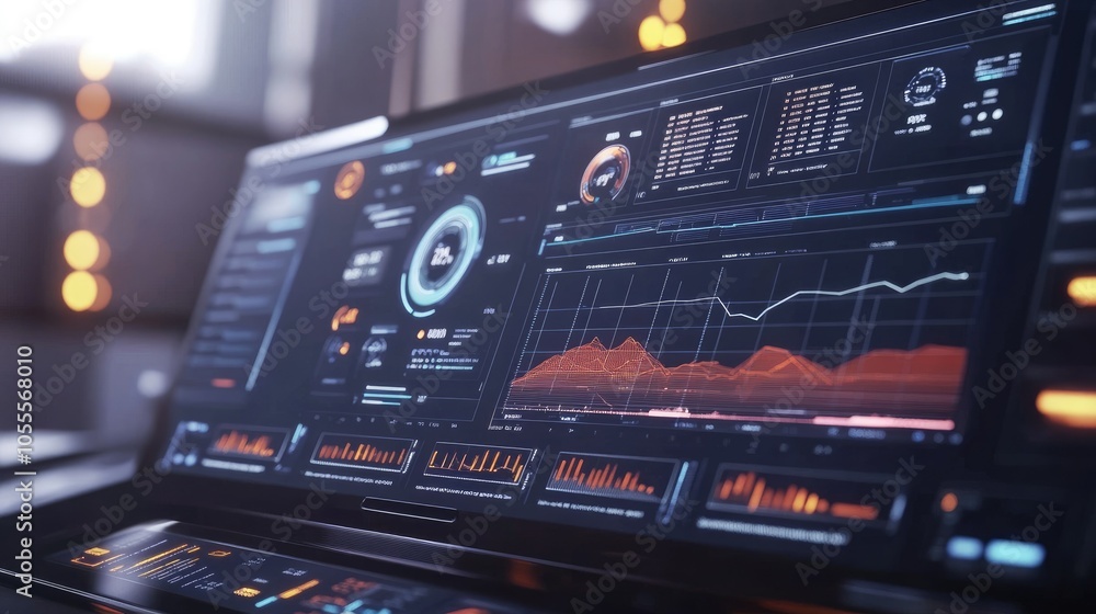 Fototapeta premium Futuristic digital dashboard with graphs and charts over a blurred background, interactive concept for data representation