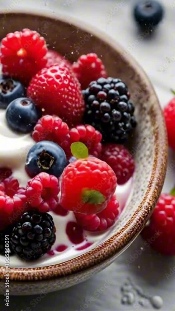 vertical 9:16 fresh berries falling into a bowl of yogurt, splashes and splatters captured in detail. Bright kitchen setting with natural light vertical 9:16 fresh berries falling into a bowl of yogurt, splashes and splatters captured in detail. Bright kitchen setting with natural light