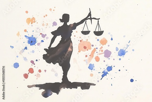 Watercolor silhouette of a figure holding scales, surrounded by splashes representing equality, Justice in Balance, fairness and rights