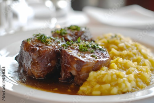 osso buco, risotto milanese, cielęcina, danie główne, kuchnia włoska, kuchnia śródziemnomorska, kuchnia wykwintna, restauracyjne danie, talerz ceramiczny, al dente risotto, szafran, sos gremolata, kuc