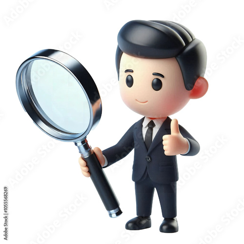 3d businessman holding magnifying glass isolated on white background