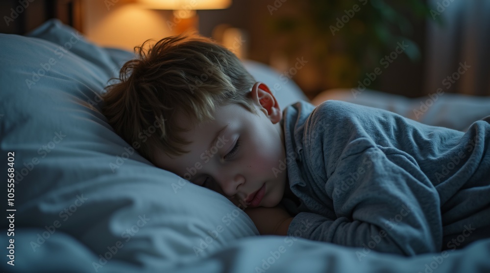 Child sleeping peacefully in a cozy room, illuminated by a warm yellow lamp. Child sleeping peacefully in a cozy room, illuminated by a warm yellow lamp.