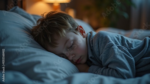 Child sleeping peacefully in a cozy room, illuminated by a warm yellow lamp.