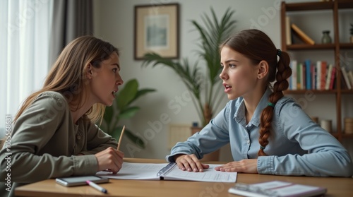 Mother guiding her daughter strictly while helping with homework.