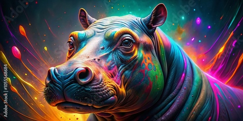 Vibrant Hippopotamus Portrait with Neon Colors and Outlines for Stunning Fashion Photography