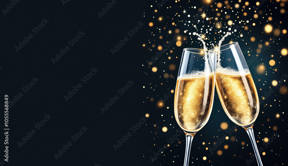 Two champagne glasses clink together, overflowing with bubbles against a dark background filled with sparkling lights, celebrating joy and special moments.
Two champagne glasses clink together, overflowing with bubbles against a dark background filled with sparkling lights, celebrating joy and special moments.