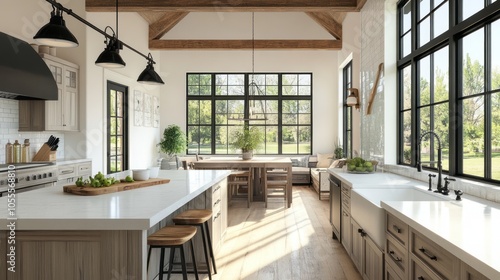 A modern farmhouse kitchen with sleek finishes, a spacious island, and large windows, blending rustic charm with contemporary design for a fresh summer feel