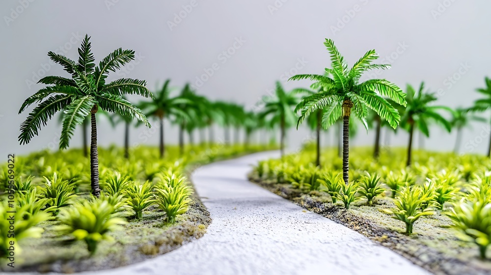 Fototapeta premium A scenic pathway lined with miniature palm trees and greenery.