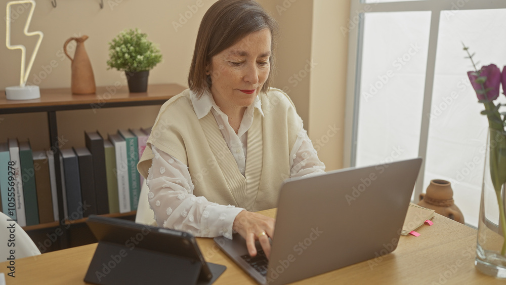 A middle-aged woman works attentively on a laptop in a well-lit, cozy home office. A middle-aged woman works attentively on a laptop in a well-lit, cozy home office.