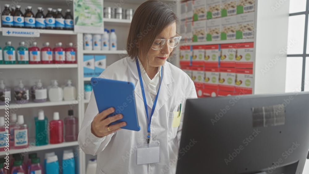 Mature woman pharmacist uses tablet inside a well-stocked drugstore. Mature woman pharmacist uses tablet inside a well-stocked drugstore.