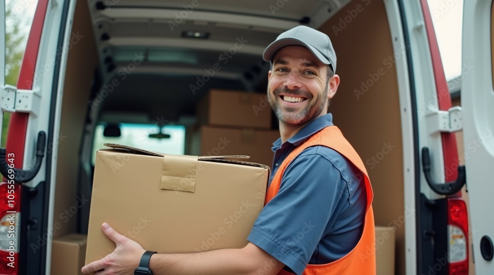 Delivery person smiling while loading packages into a van for delivery. Delivery person smiling while loading packages into a van for delivery.