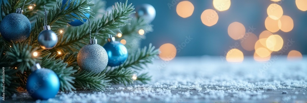 Festive blue and silver christmas ornaments with pine branches and fairy lights Festive blue and silver christmas ornaments with pine branches and fairy lights