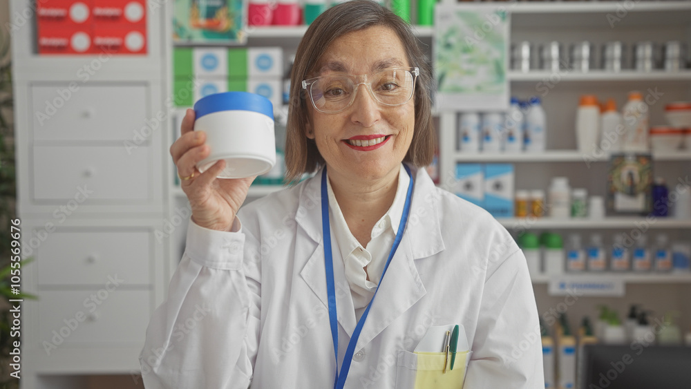Mature woman pharmacist holding cream in a drugstore showcasing healthcare products. Mature woman pharmacist holding cream in a drugstore showcasing healthcare products.