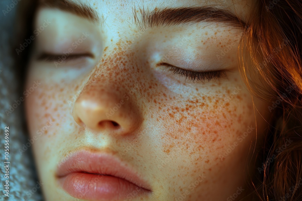 Fototapeta premium A close-up of a young woman with freckled skin resting peacefully in soft, natural light during a calm afternoon