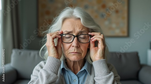 Wallpaper Mural Elderly woman adjusting her glasses while dealing with blurry vision and headache. Torontodigital.ca