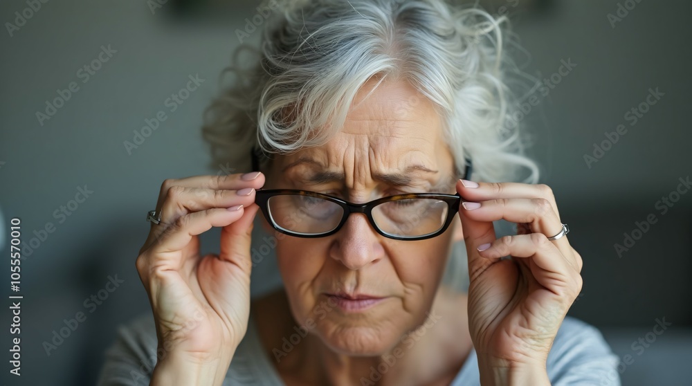 Elderly woman readjusting her glasses as she struggles with blurry vision. Elderly woman readjusting her glasses as she struggles with blurry vision.