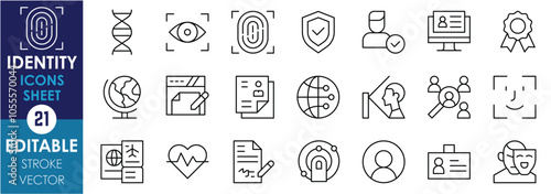 A set of line icons related to Identity. Fingerprint, DNA, eye, scan, face, mask, global, passport, ID card, digital signature, badge, and so on. Vector editable stroke.