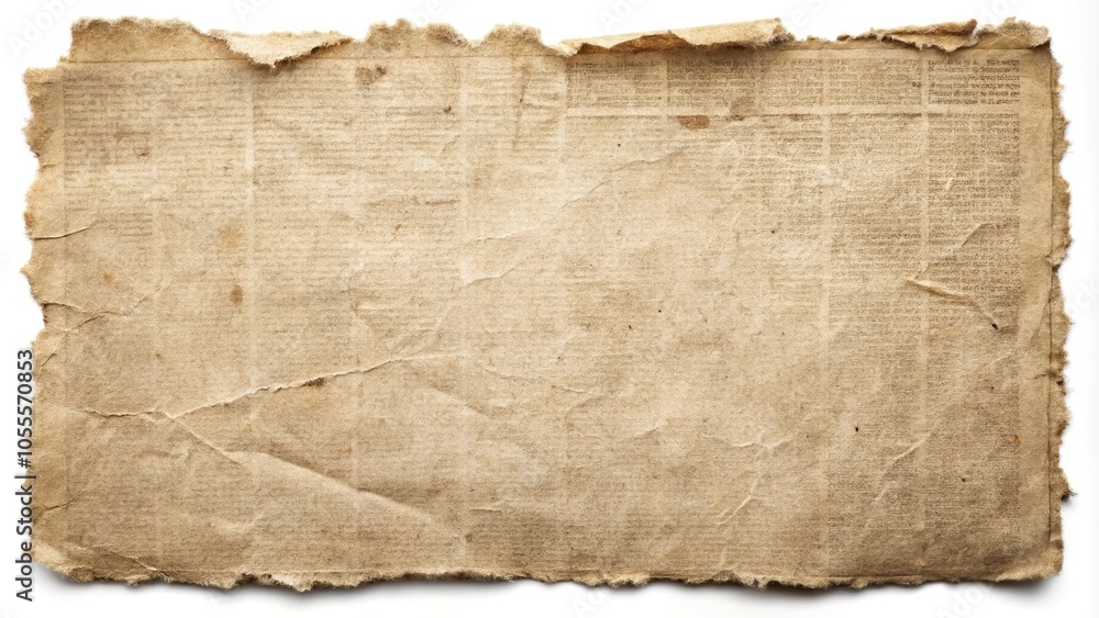 Weathered newspaper page with torn edges and creased surface, brown paper, newspaper print, worn, vintage paper, newspaper Weathered newspaper page with torn edges and creased surface, brown paper, newspaper print, worn, vintage paper, newspaper